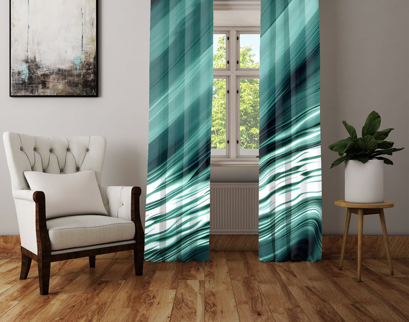 Striped Abstract Window Curtain - Green and White Ocean Wave - Deja Blue Studios
