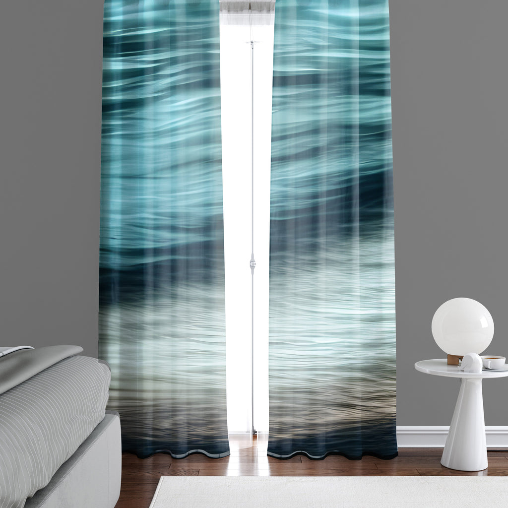 Striped Abstract Window Curtain - Blue and Tan Ocean Wave - Deja Blue Studios