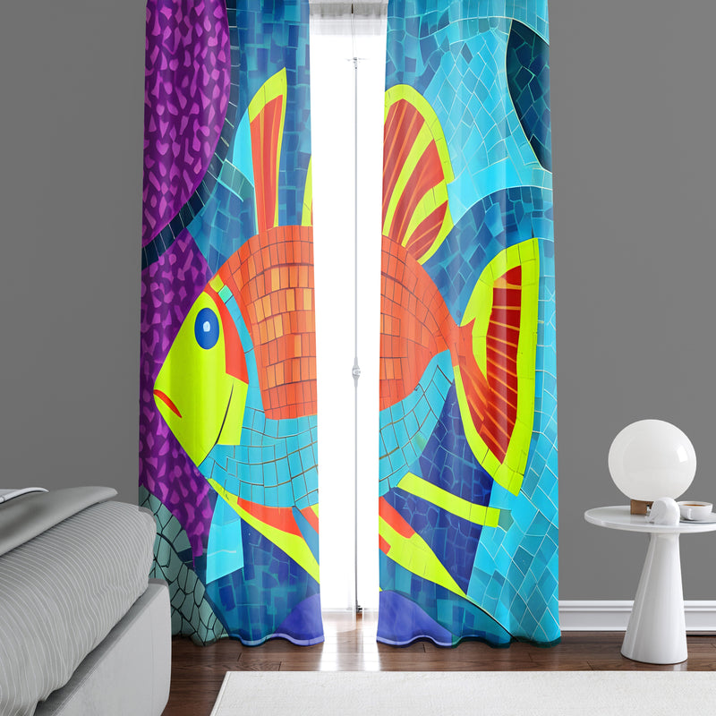 Abstract Fish Window Curtain - Mosaic Ocean Fish - Deja Blue Studios