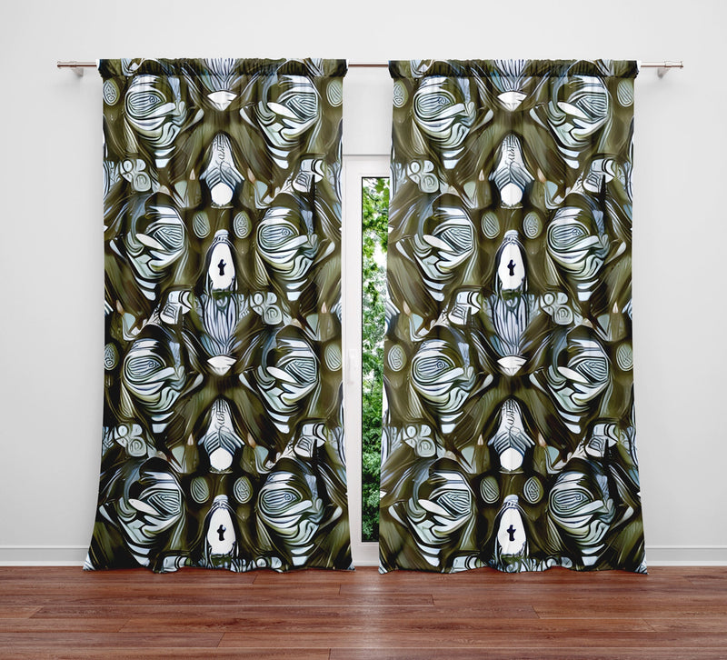 Abstract Pattern Window Curtain - Green and Gray Kaleidoscope - Deja Blue Studios