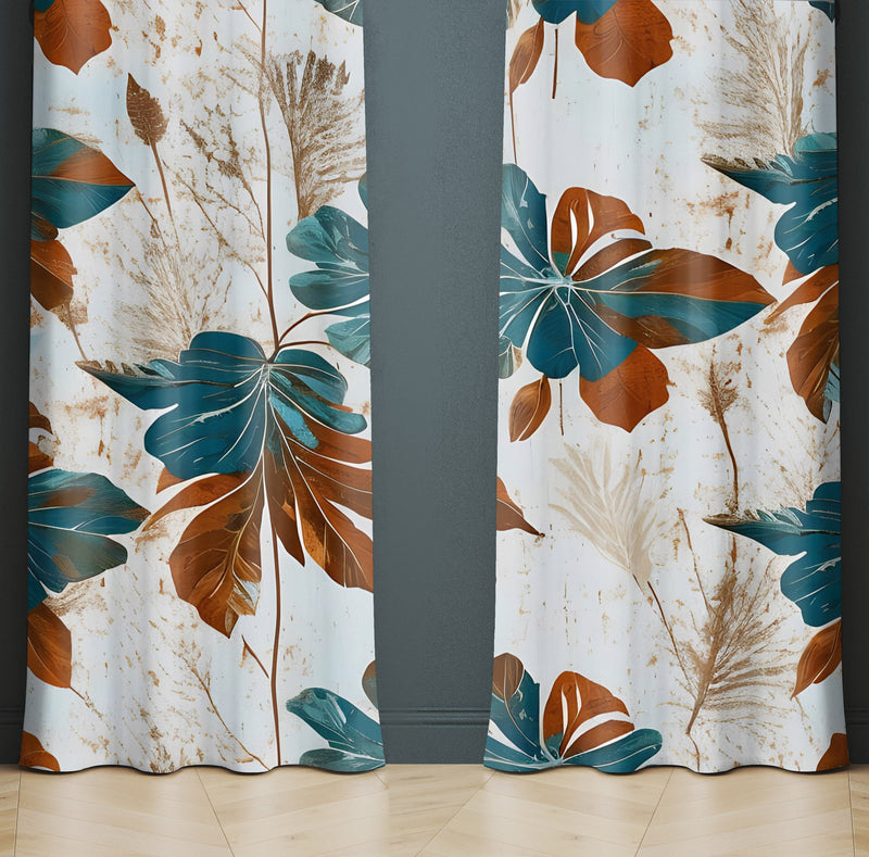 Floral Window Curtain - Orange and Blue Abstract Monstera Leaf - Deja Blue Studios