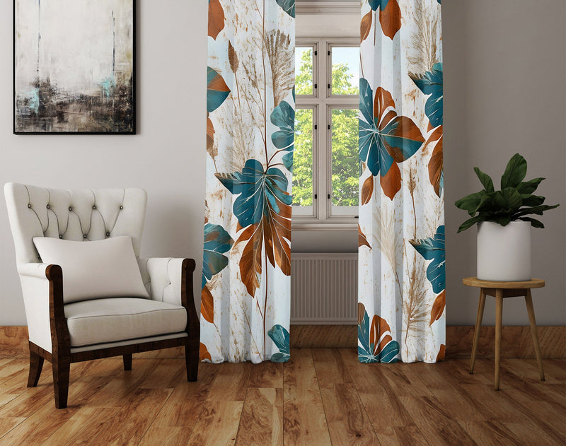 Floral Window Curtain - Orange and Blue Abstract Monstera Leaf - Deja Blue Studios