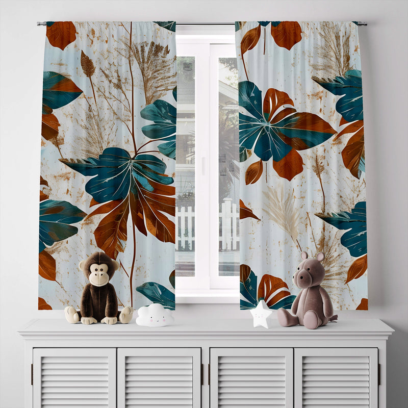 Floral Window Curtain - Orange and Blue Abstract Monstera Leaf - Deja Blue Studios