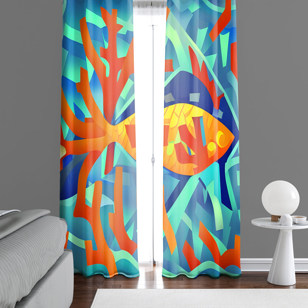 Nautical Window Curtain - Abstract Mosaic Fish and Coral - Deja Blue Studios