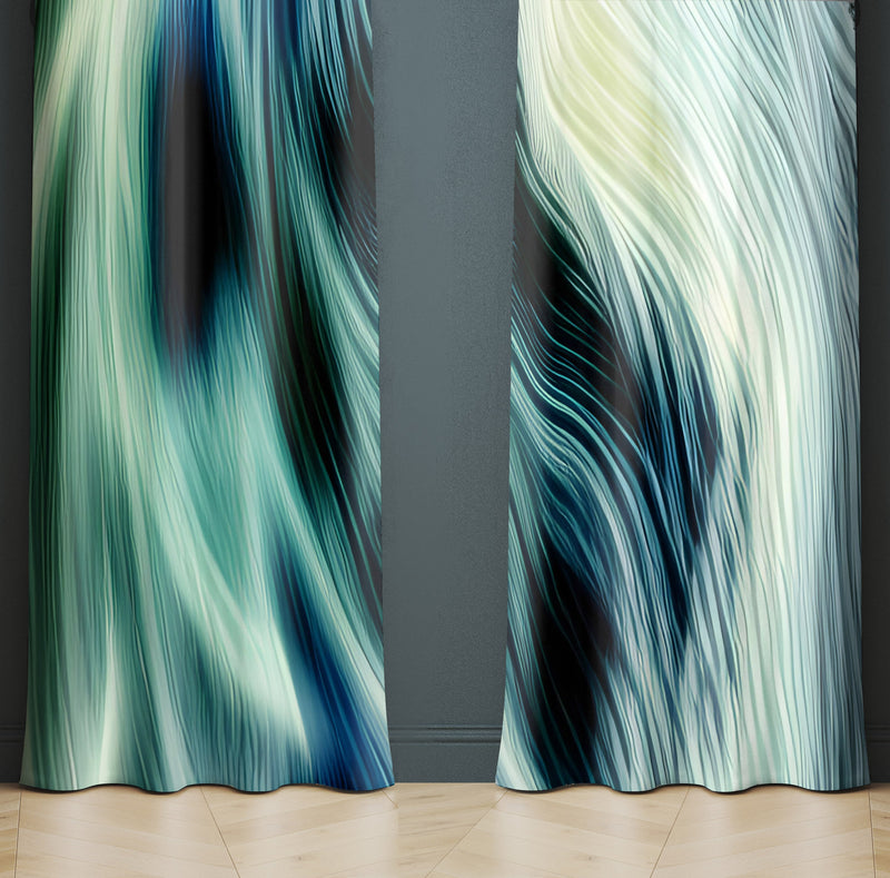 Abstract Window Curtain - Green and White Textured Feather - Deja Blue Studios