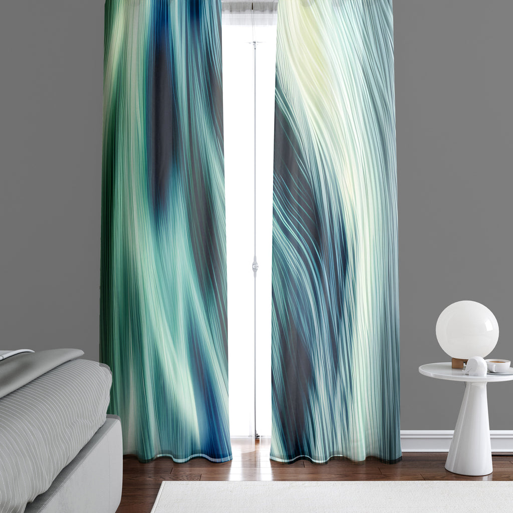 Abstract Window Curtain - Green and White Textured Feather - Deja Blue Studios