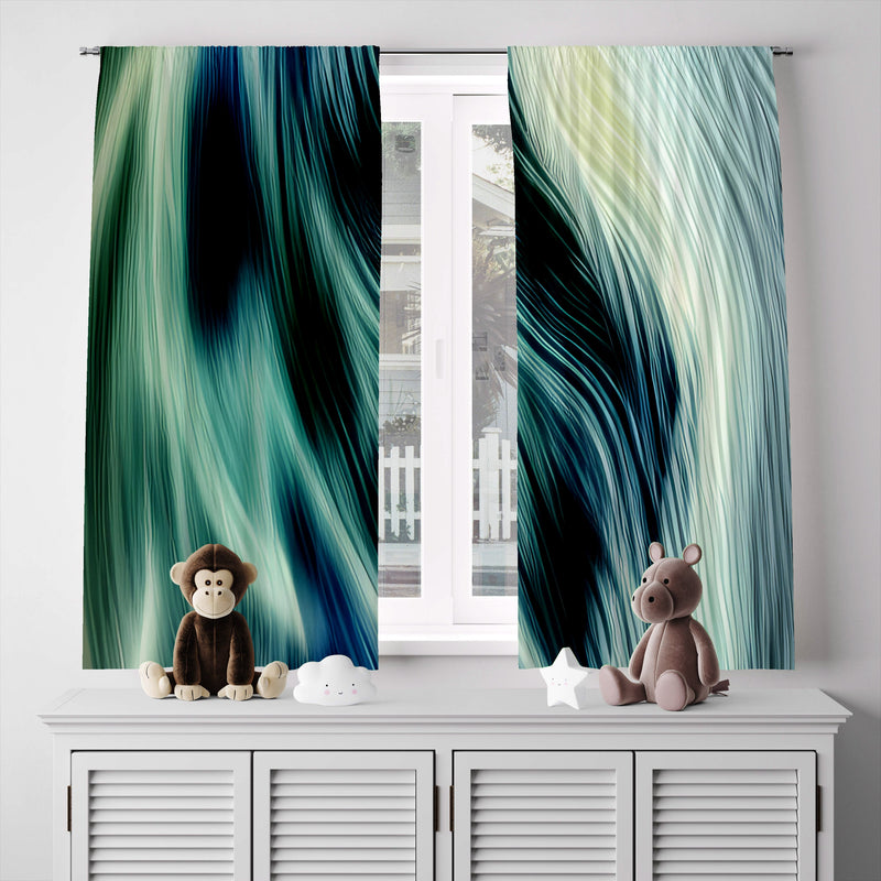 Abstract Window Curtain - Green and White Textured Feather - Deja Blue Studios