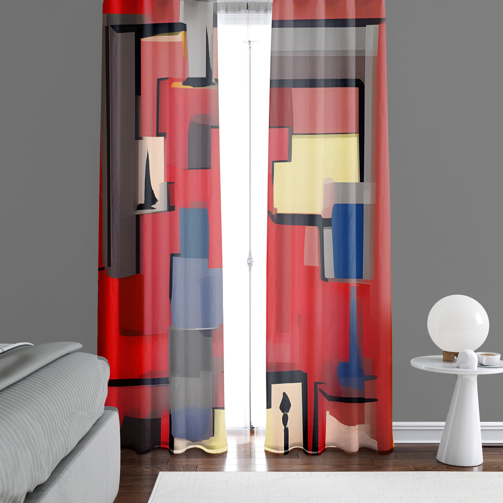 Abstract Window Curtain - Red and Blue Mid Century Modern Style - Deja Blue Studios