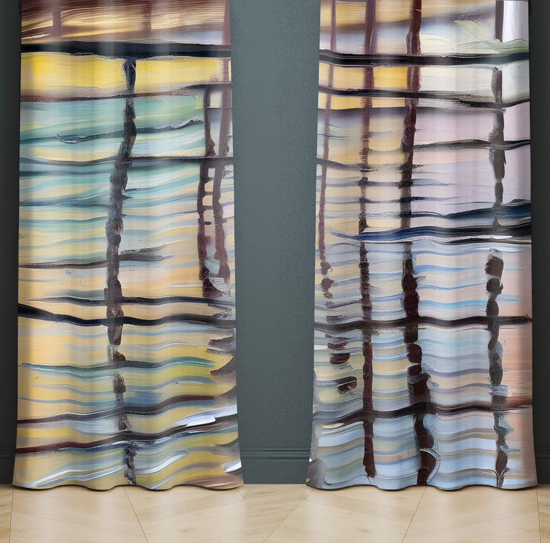 Striped Abstract Window Curtain - Blue, Yellow, and Black Hatched Pattern - Deja Blue Studios