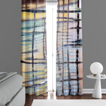 Striped Abstract Window Curtain - Blue, Yellow, and Black Hatched Pattern - Deja Blue Studios