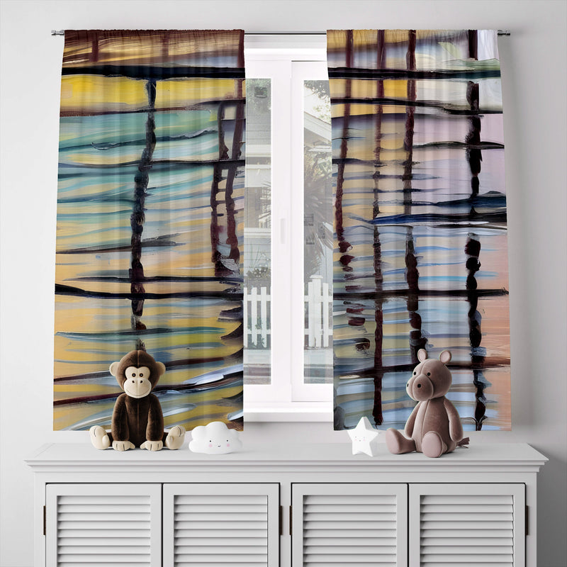 Striped Abstract Window Curtain - Blue, Yellow, and Black Hatched Pattern - Deja Blue Studios