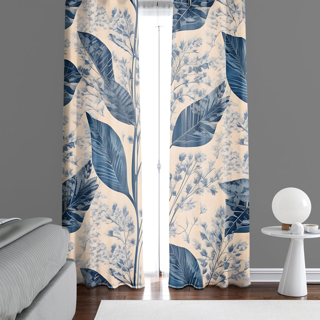 Floral Window Curtain - Blue and White Babys Breath Leaf Pattern - Deja Blue Studios