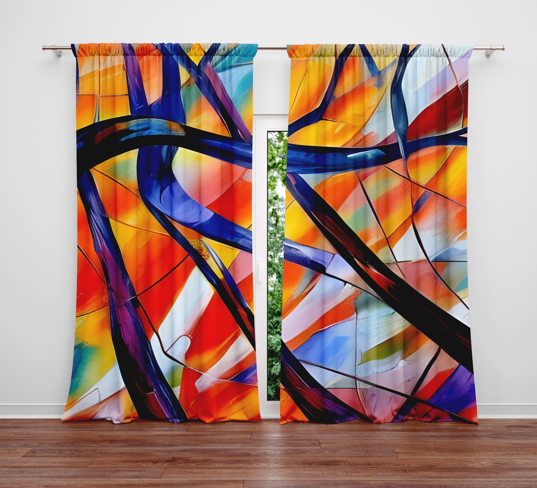 Abstract Window Curtain - Stained Glass Abstract Branches | Deja Blue ...