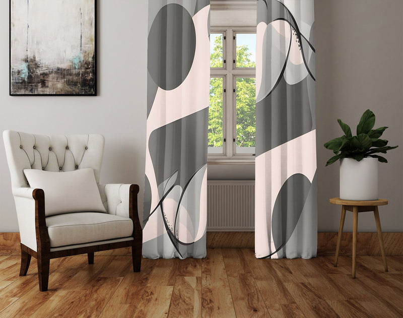 Abstract Window Curtain - Geometric Tan and Black - Deja Blue Studios
