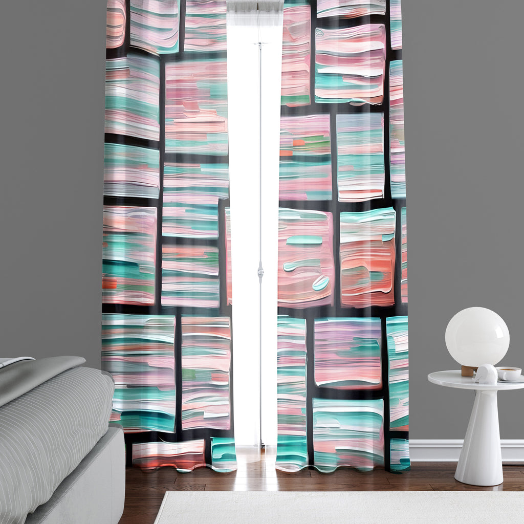 Abstract Window Curtains - Pink and Blue Blocks Pattern - Deja Blue Studios