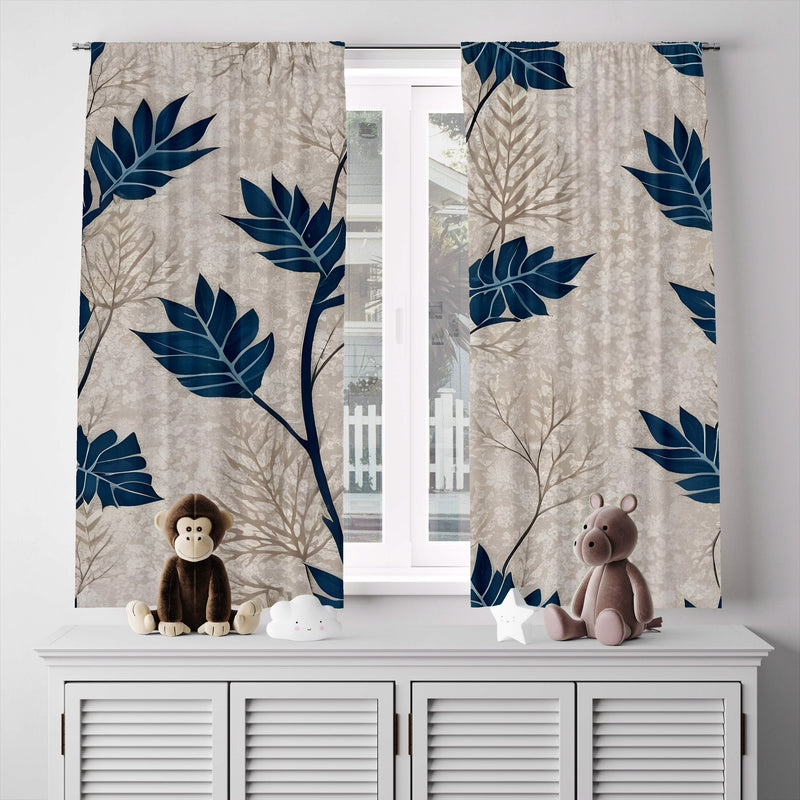 Chic Leaf Window Curtains - Blue and Brown Thin Stem Pattern - Deja Blue Studios