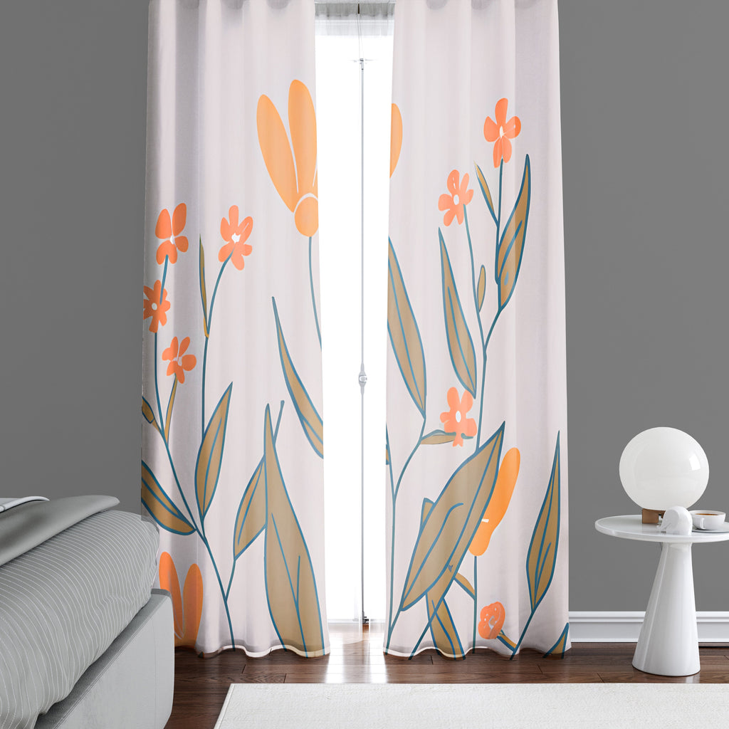 Floral Window Curtains - Orange and Gray Contemporary Style Pattern - Deja Blue Studios