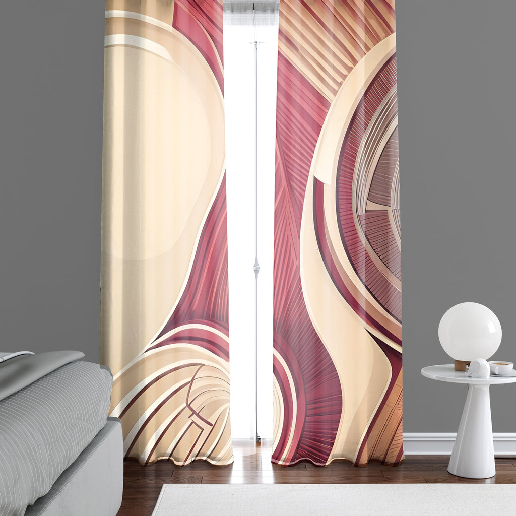 Abstract Window Curtains - Red and Beige Art Deco Style Shapes - Deja Blue Studios