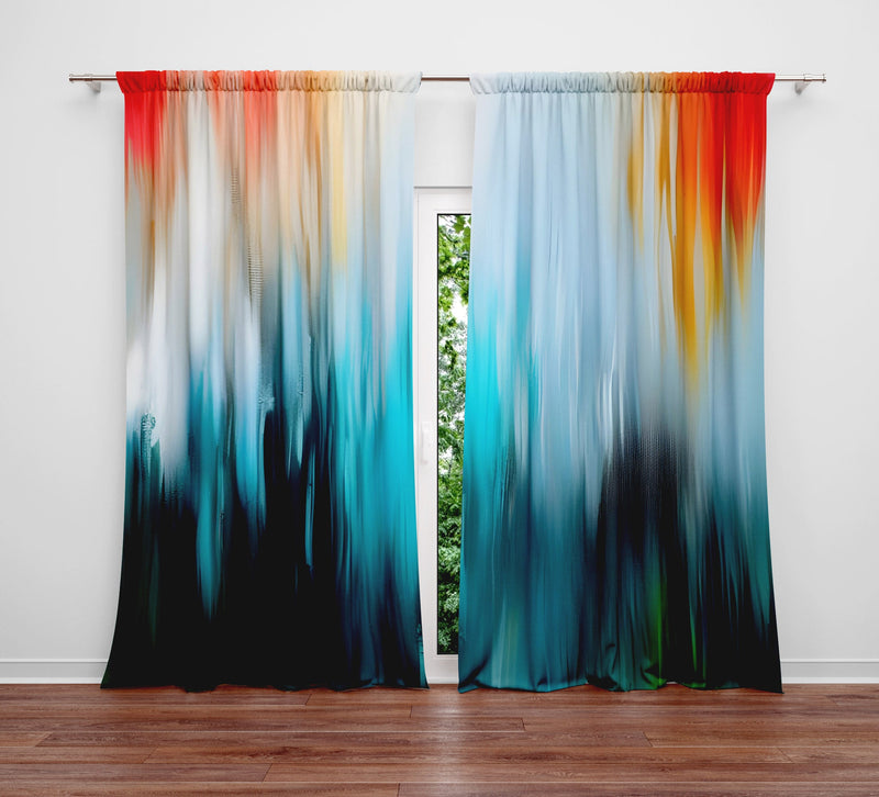 Abstract Ombre Window Curtains - Blue, White and Red Weathered Style Design - Deja Blue Studios