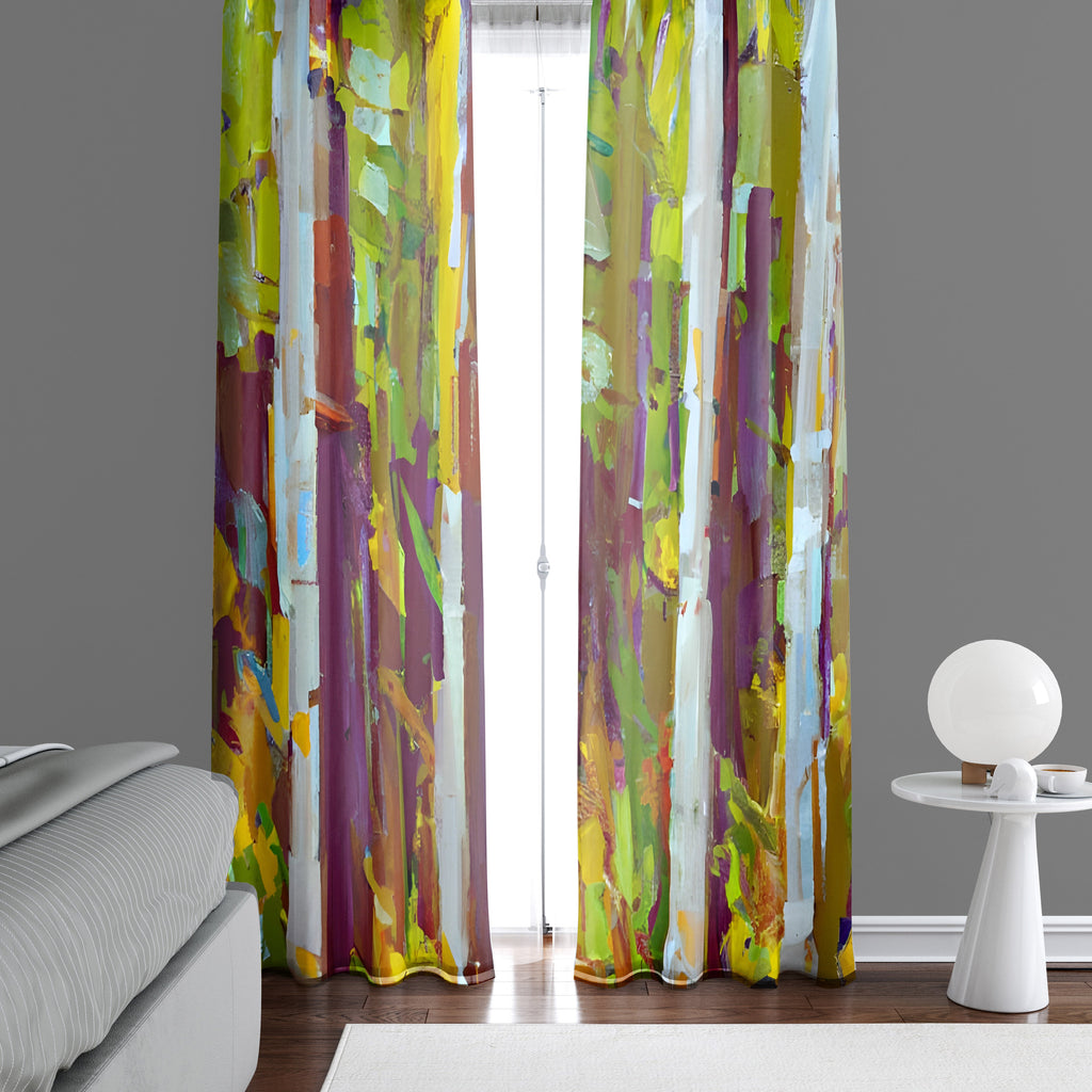 Abstract Stripes Window Curtains - Rustic Abstract Green and Yellow Forest Print - Deja Blue Studios