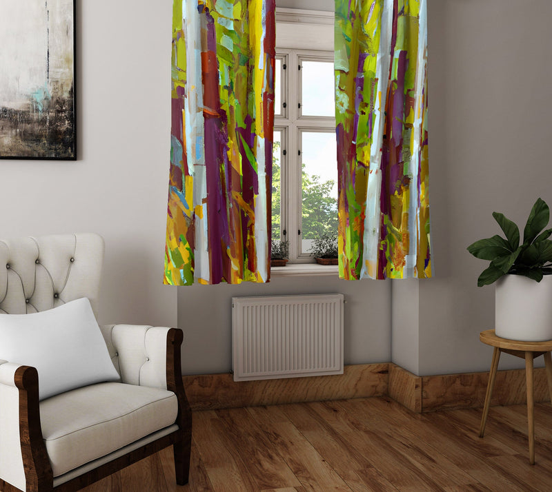 Abstract Stripes Window Curtains - Rustic Abstract Green and Yellow Forest Print - Deja Blue Studios