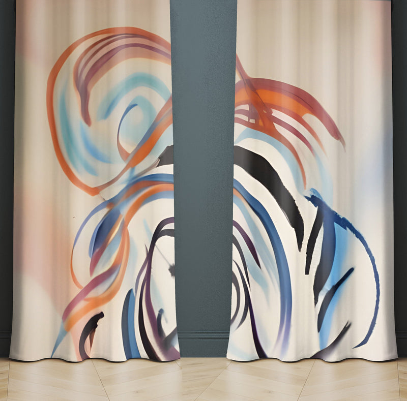 Chic Abstract Window Curtains - Beige and Blue Abstract Color Swirl - Deja Blue Studios
