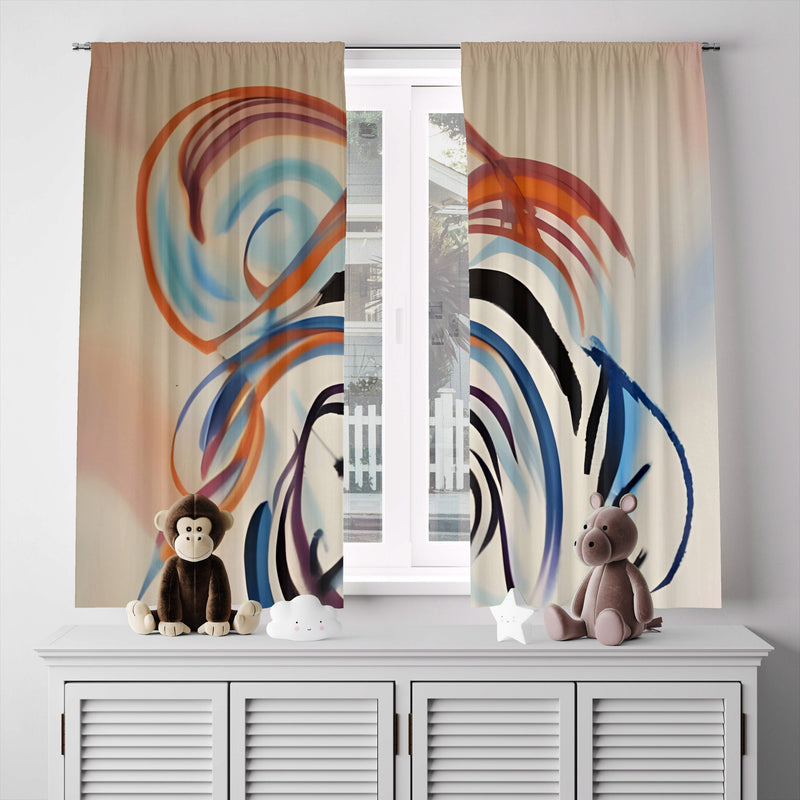 Chic Abstract Window Curtains - Beige and Blue Abstract Color Swirl - Deja Blue Studios