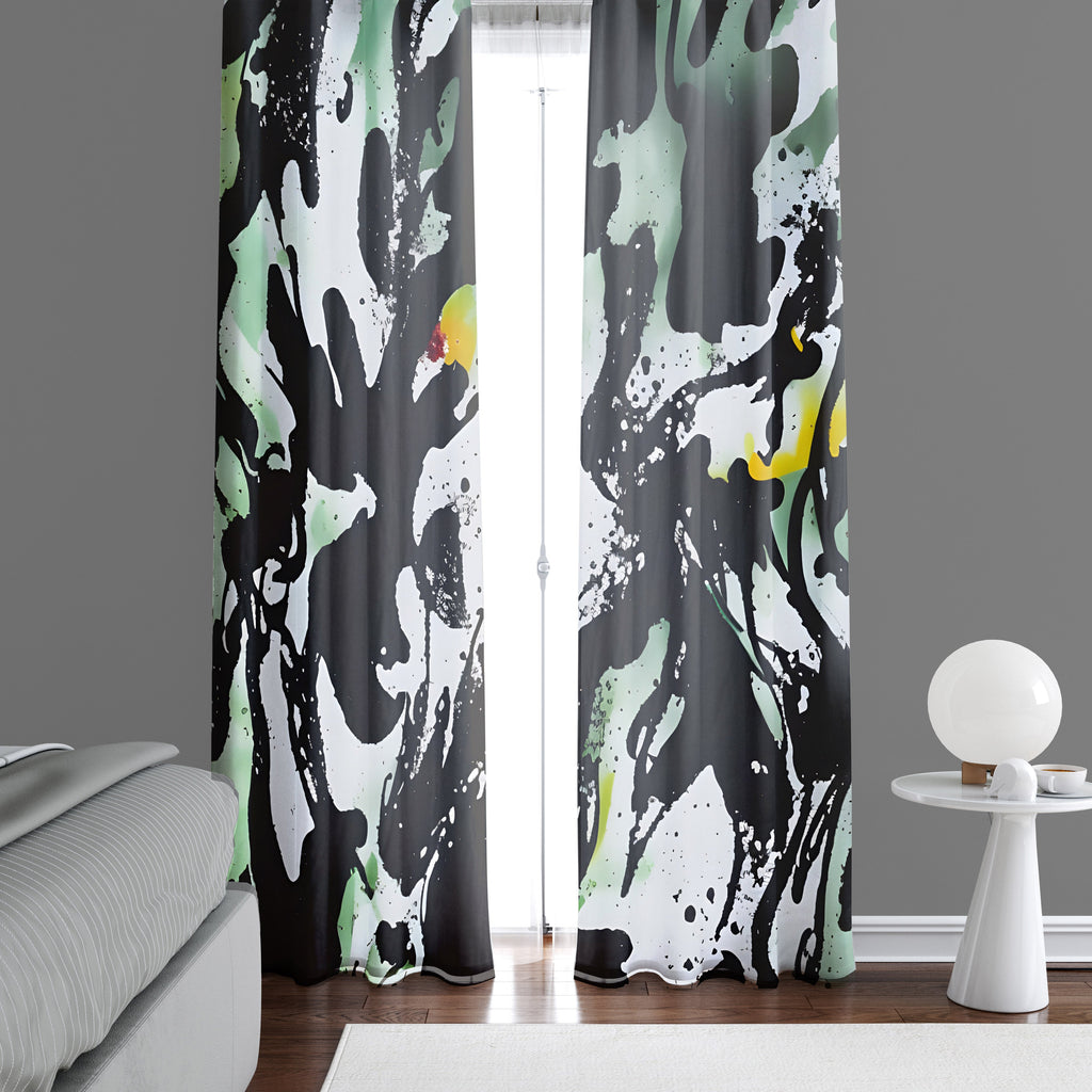 Abstract Window Curtains - Black, White and Green Color Swirl - Deja Blue Studios