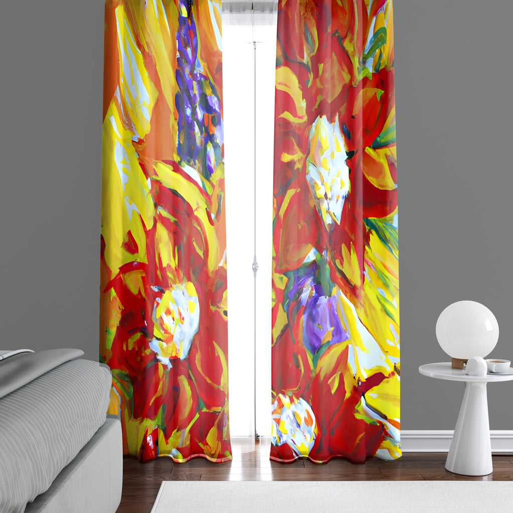 Floral Window Curtains - Bold Red and Yellow Impressionist Style Print - Deja Blue Studios