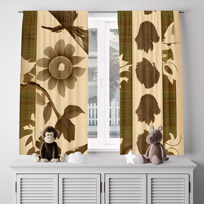 Abstract Country Chic Window Curtains - Brown and Beige Broken Patterns - Deja Blue Studios