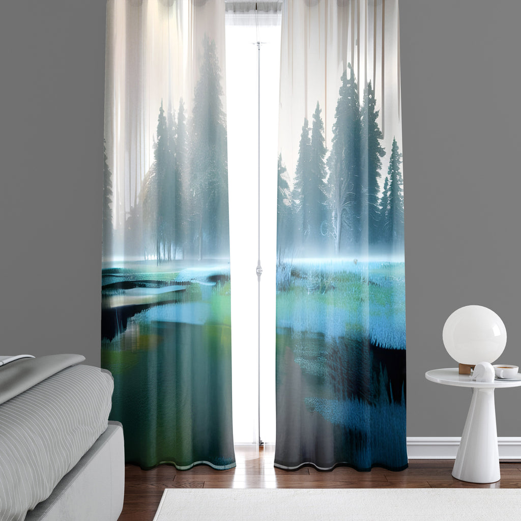 Watercolor Style Window Curtains - Weathered Grunge Blue and Gray Forest and Lake Print - Deja Blue Studios