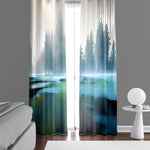 Watercolor Style Window Curtains - Weathered Grunge Blue and Gray Forest and Lake Print - Deja Blue Studios