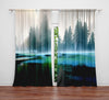 Watercolor Style Window Curtains - Weathered Grunge Blue and Gray Forest and Lake Print - Deja Blue Studios