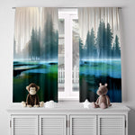Watercolor Style Window Curtains - Weathered Grunge Blue and Gray Forest and Lake Print - Deja Blue Studios