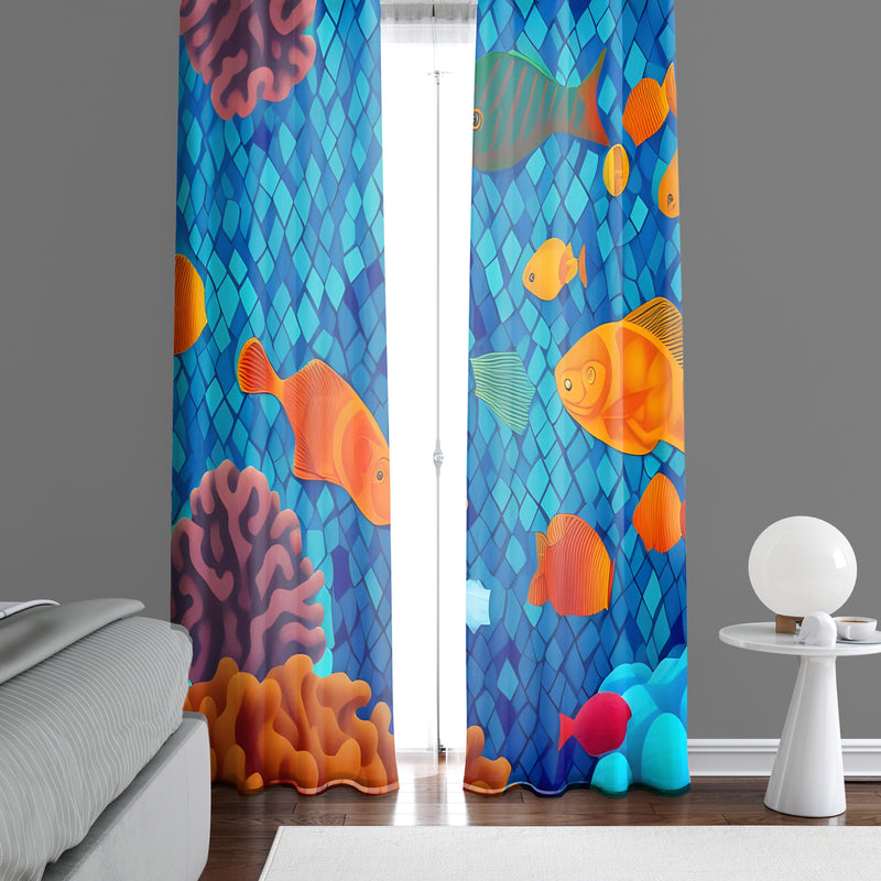 Fun Fish Window Curtains - Blue and Orange Surrealism Reef Design - Deja Blue Studios