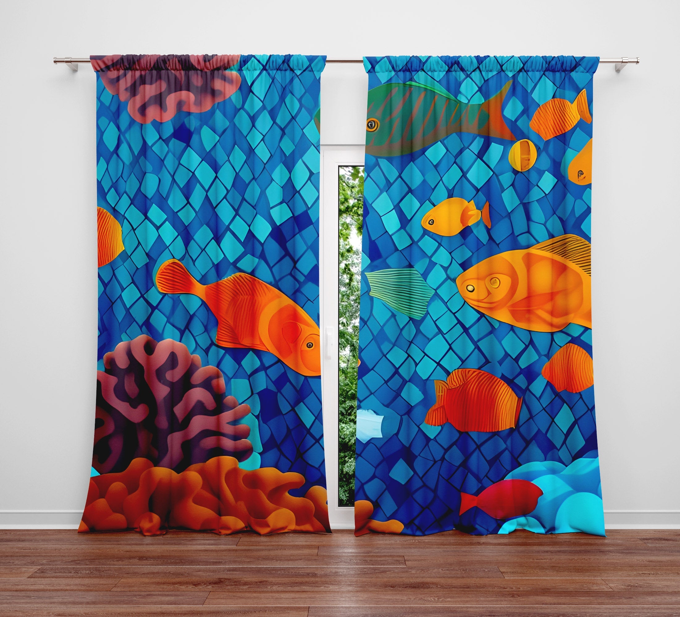Fun Fish Window Curtains Blue and Orange Surrealism Reef Design