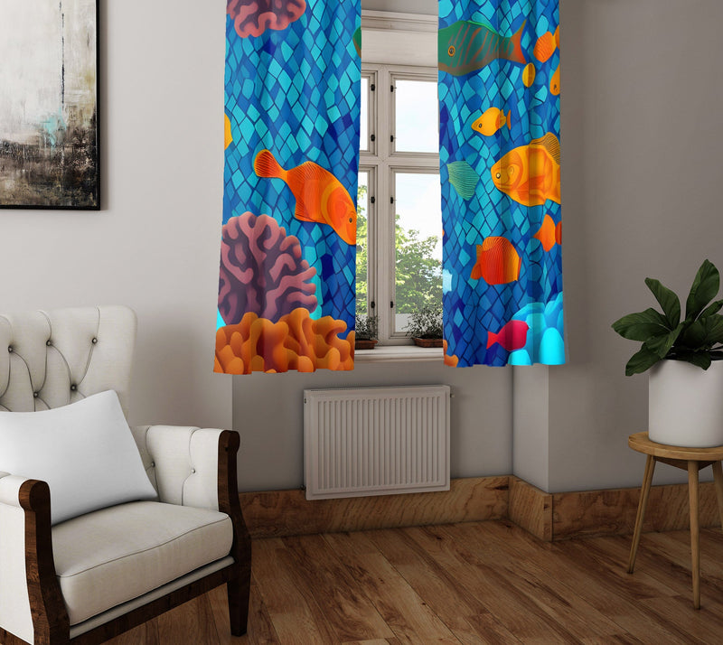 Fun Fish Window Curtains - Blue and Orange Surrealism Reef Design - Deja Blue Studios
