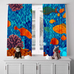 Fun Fish Window Curtains - Blue and Orange Surrealism Reef Design - Deja Blue Studios