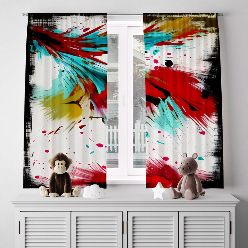 Abstract Window Curtains - Red, Yellow and Blue Fun Paint Splatter - Deja Blue Studios