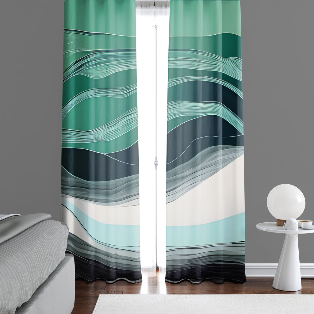Abstract Window Curtains - Teal and White Layered Color Design - Deja Blue Studios