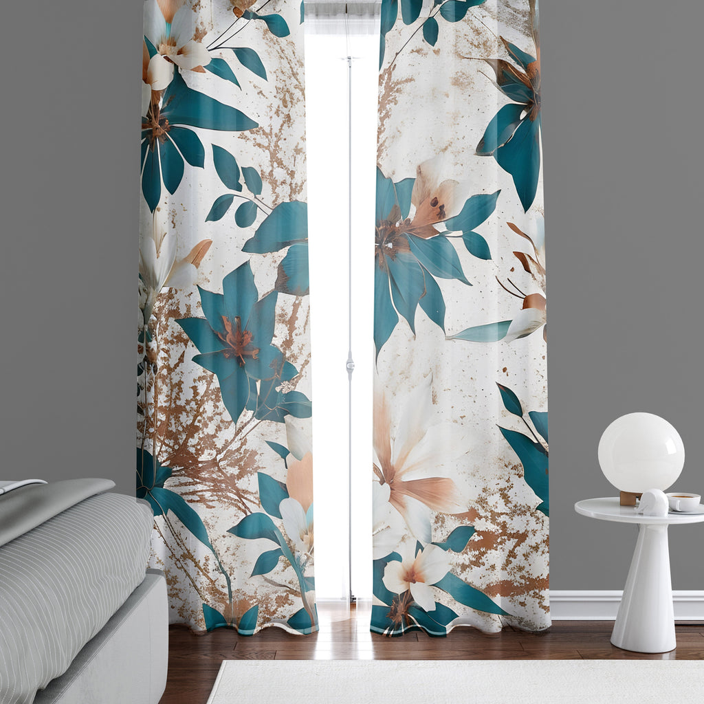Floral Window Curtains - Blue and White Elegant Floral Print - Deja Blue Studios