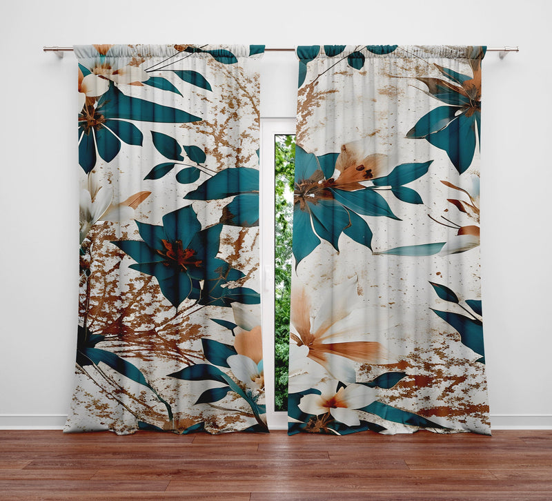 Floral Window Curtains - Blue and White Elegant Floral Print - Deja Blue Studios
