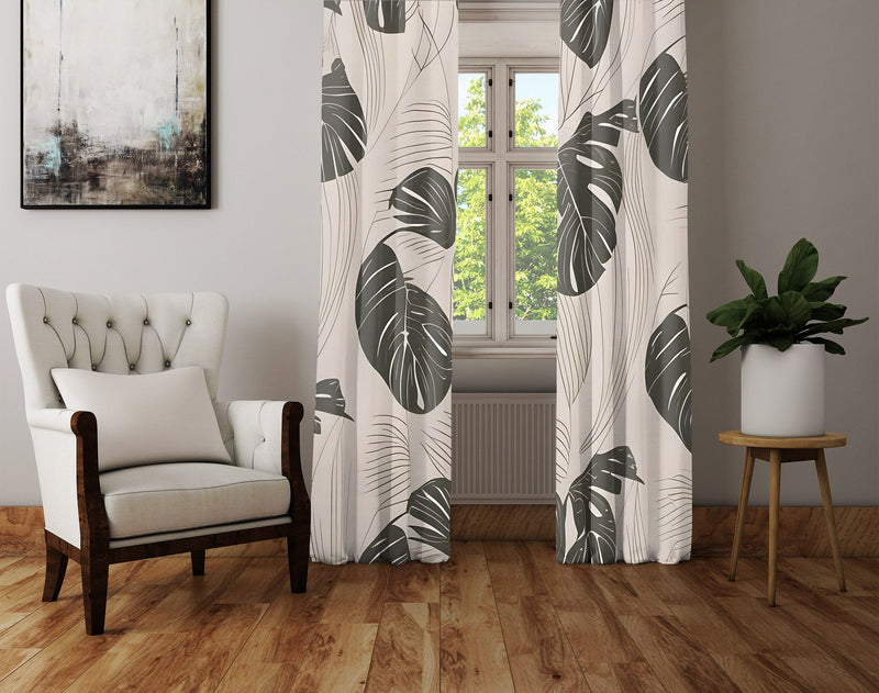 Floral Window Curtains - Beige and Green Sketch Monstera Print - Deja Blue Studios