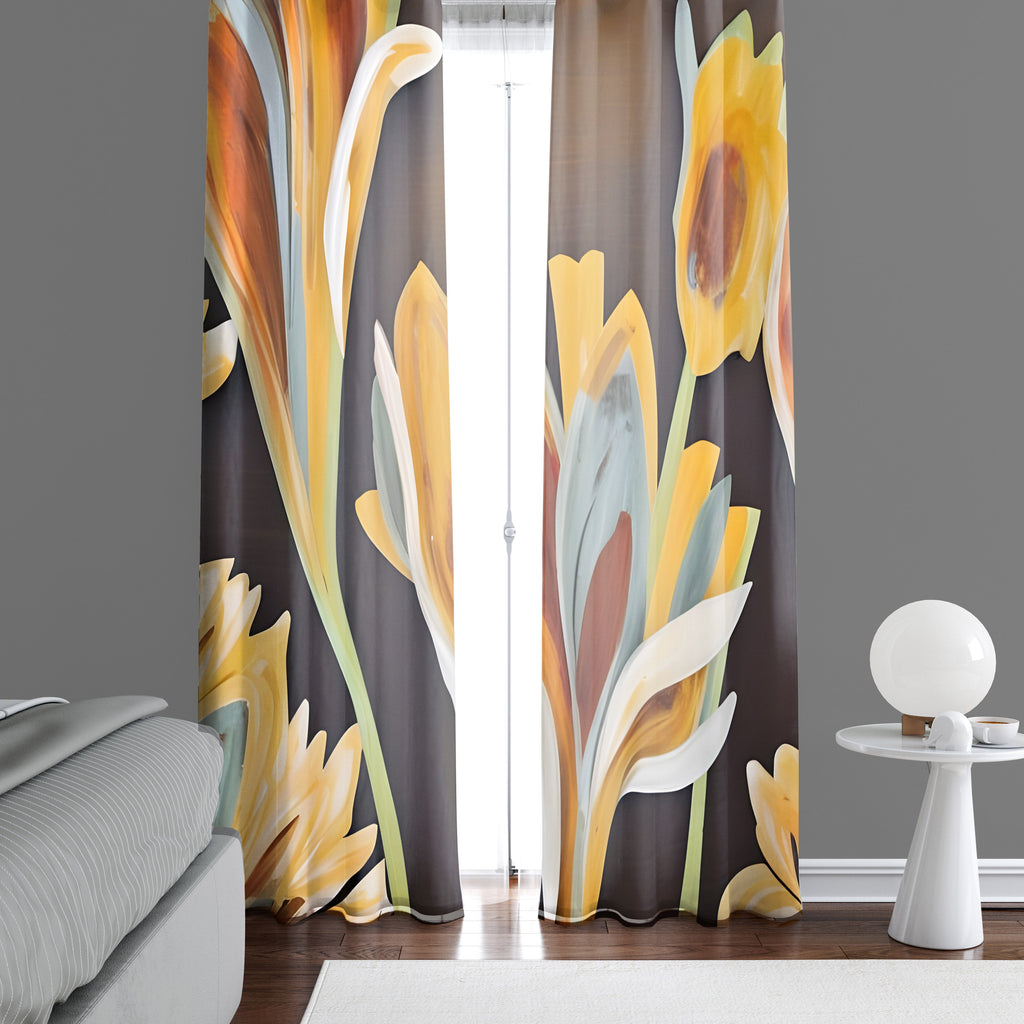 Floral Window Curtains - Brown, Yellow and Blue Thick Paint Style Print - Deja Blue Studios