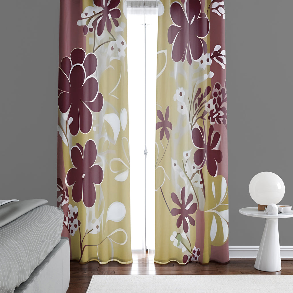 Floral Window Curtains - Burgundy and Gray Whimsical Painted Flowers Print - Deja Blue Studios