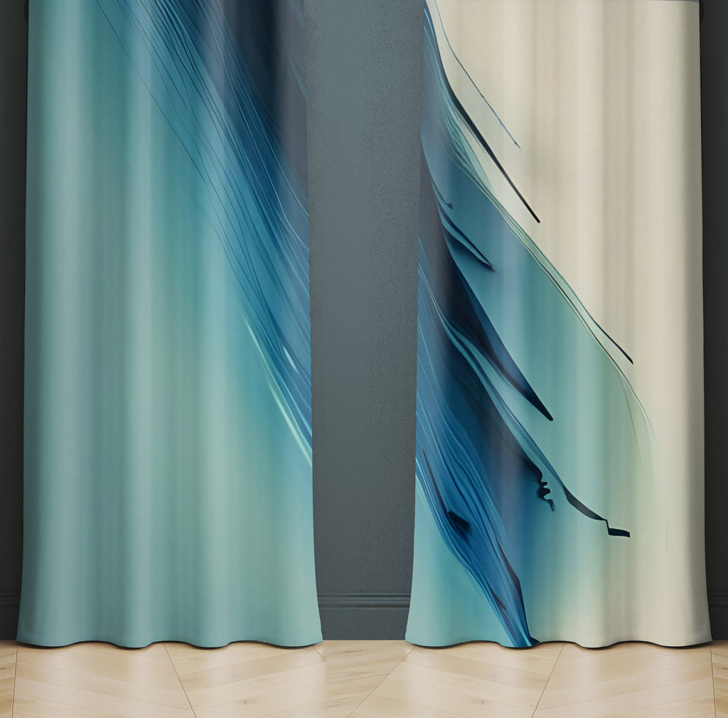 Abstract Ombre Window Curtains - Blue and Beige Split Tone Print - Deja Blue Studios
