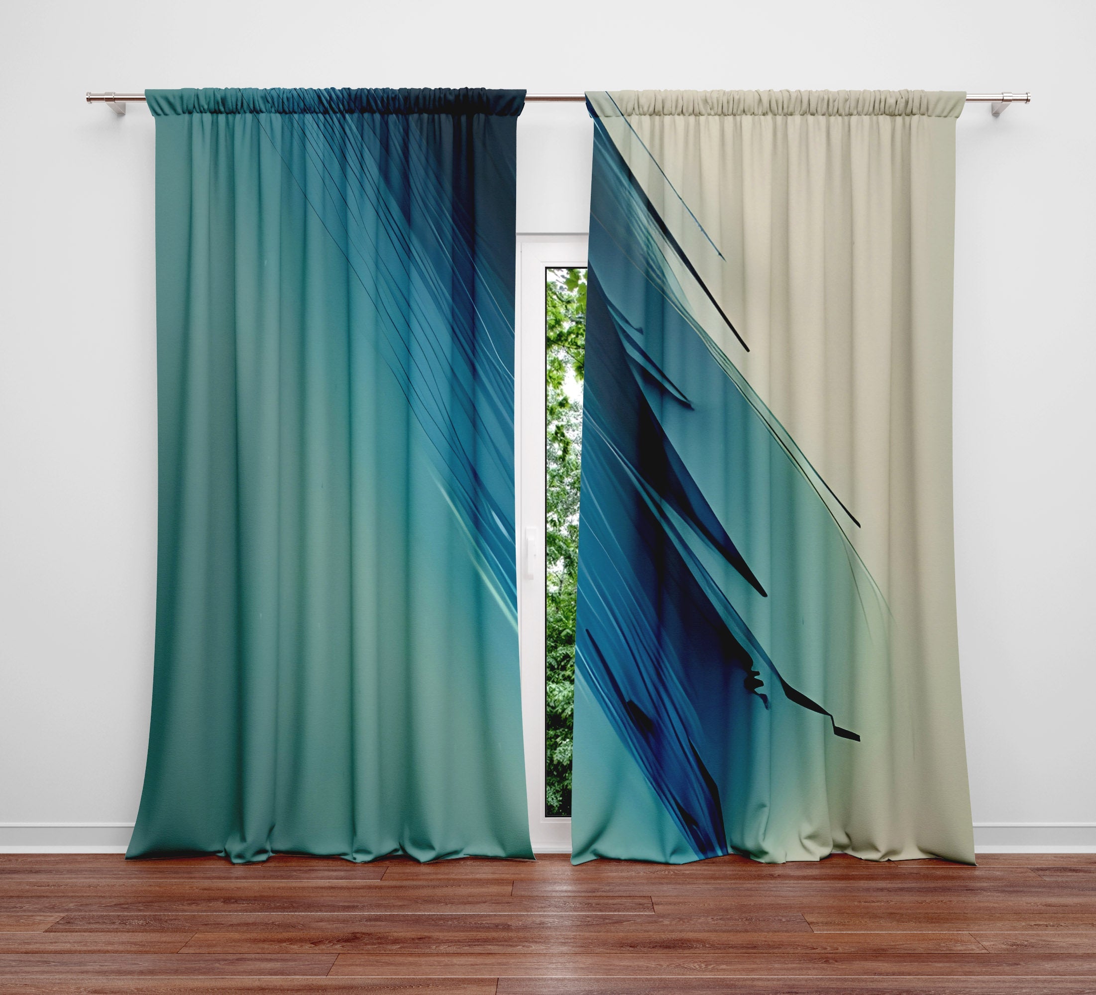 Abstract Ombre Window Curtains - Blue and Beige Split Tone Print | Deja ...