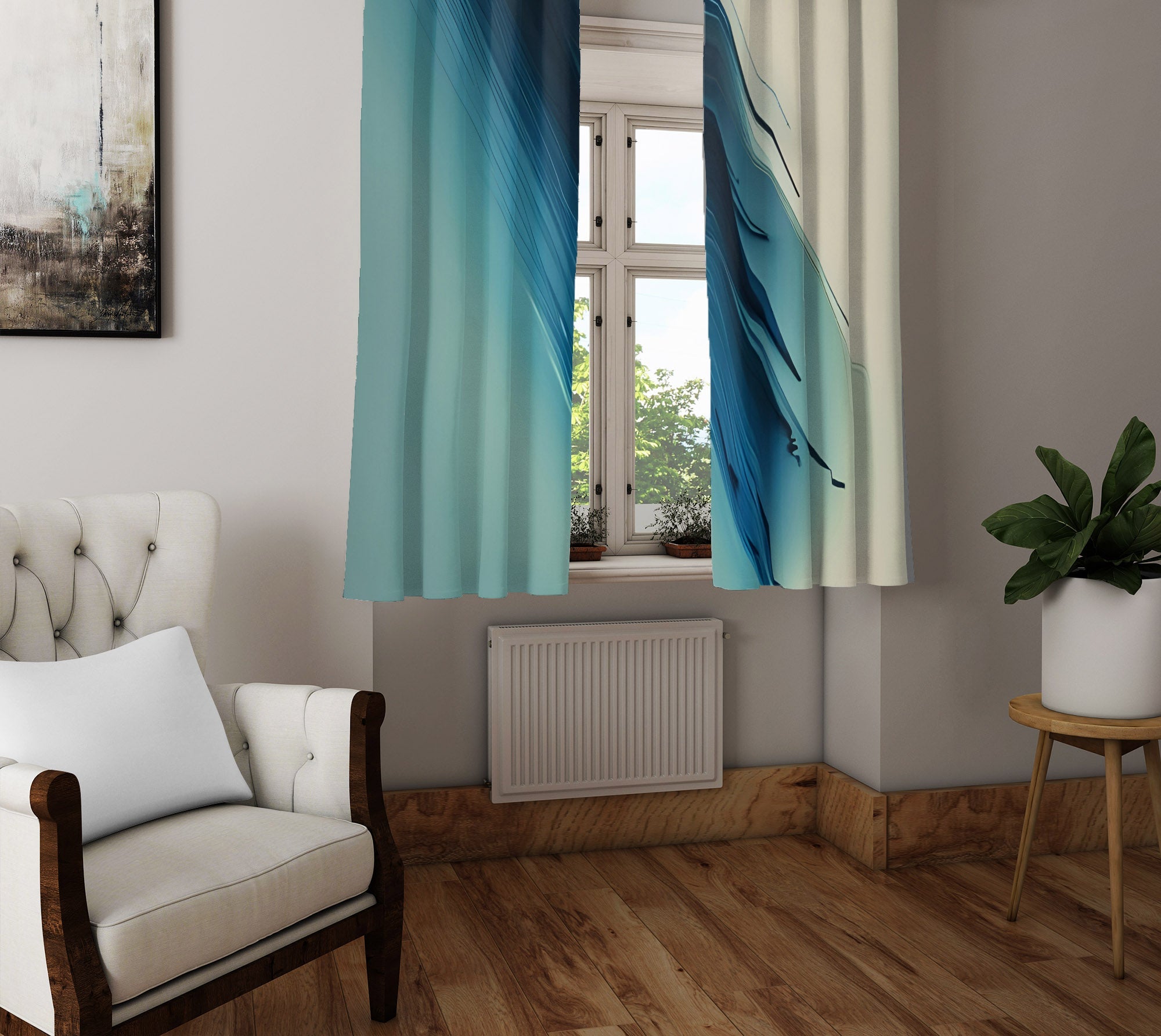 Abstract Ombre Window Curtains - Blue and Beige Split Tone Print | Deja ...