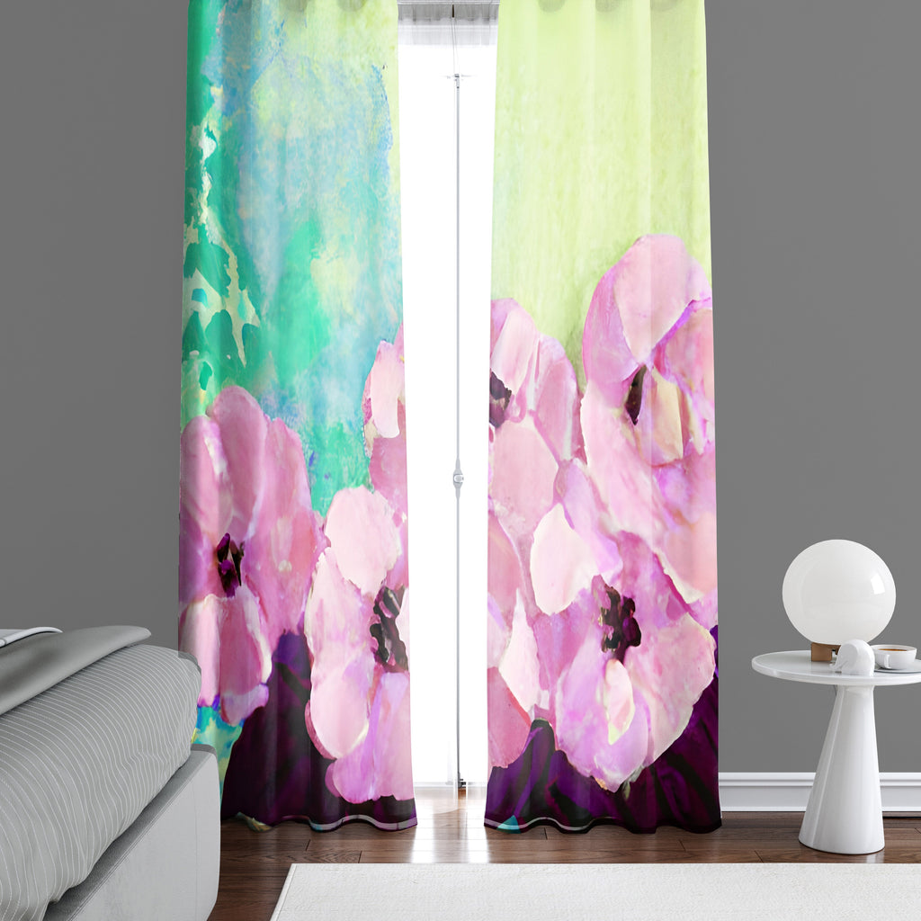 Floral Window Curtains - Pink, Yellow and Turquoise Painted Style Print - Deja Blue Studios