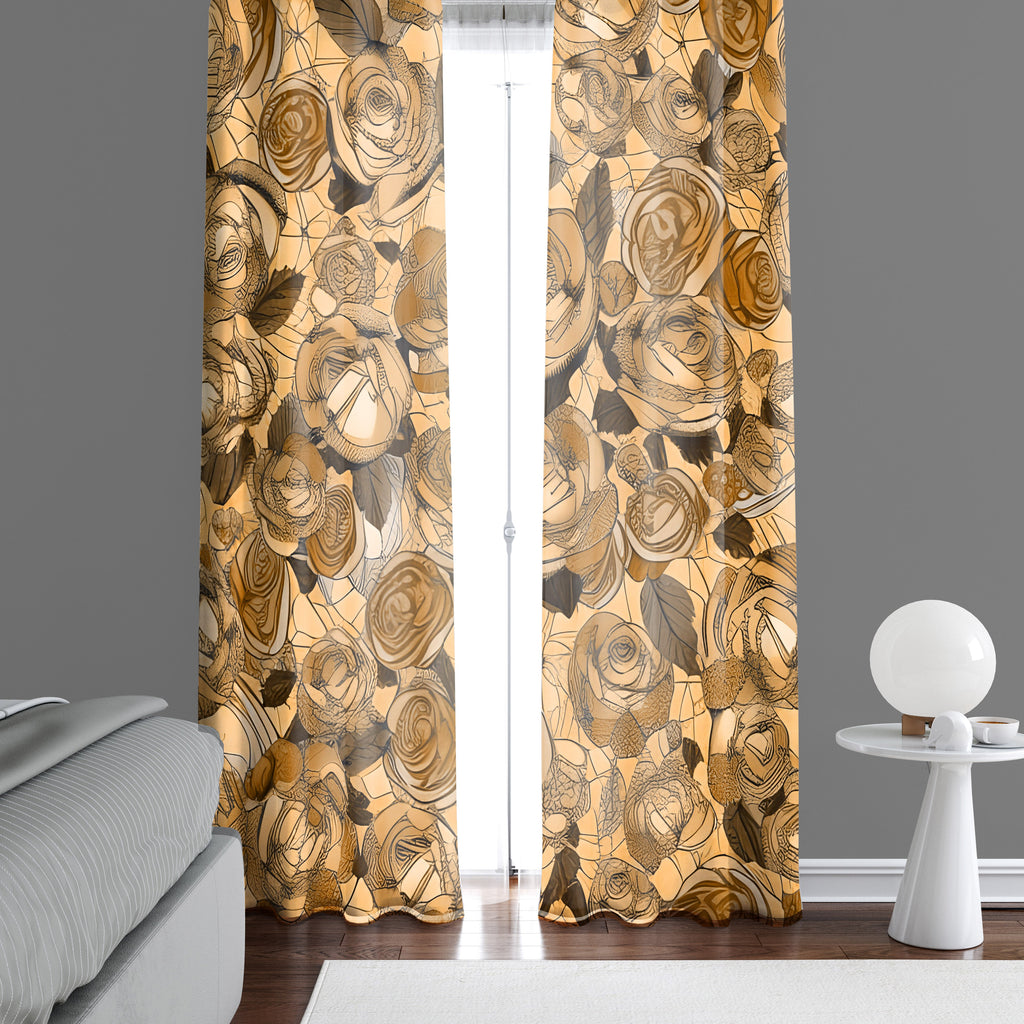 Floral Window Curtain - Golden Brown Rose Pattern Print - Deja Blue Studios